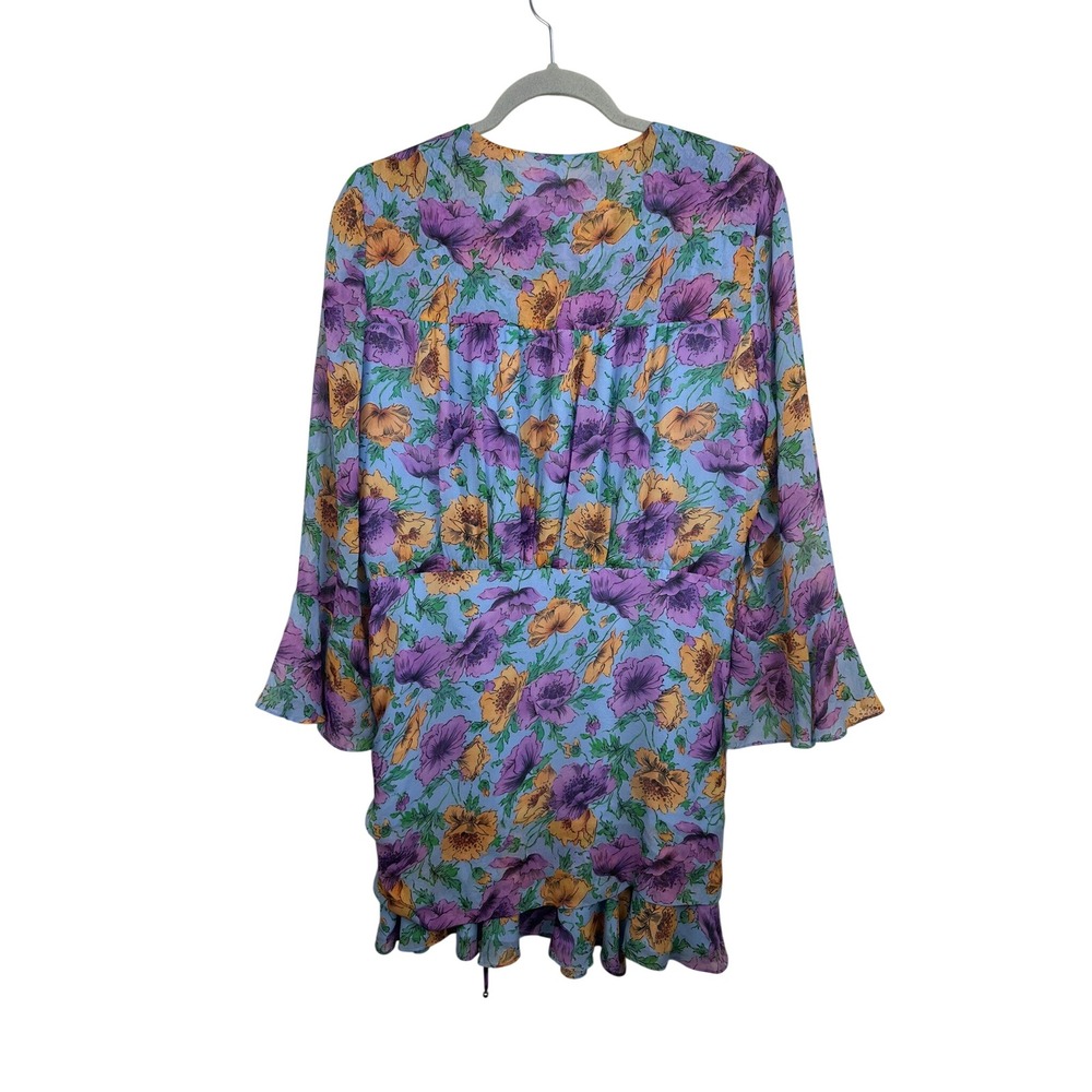 Veronica Beard Silk Floral Mini Dress 12 Blue Purple Excellent Ruched Bell - Picture 2 of 8